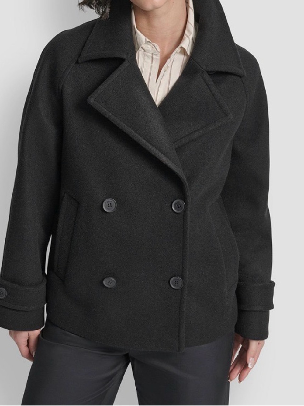 DKNY Black Double-Breasted Wool Peacoat